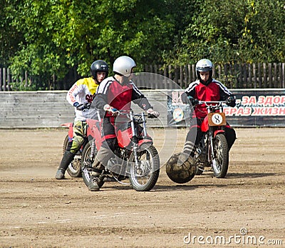 BOBRUISK, BELARUS - September 8, 2018: Motoball, young guys play motorcycles in motoball, competitions Editorial Stock Photo