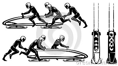 Bobsleigh and four athletes in profile. Hand drawn illustration. Vector Illustration