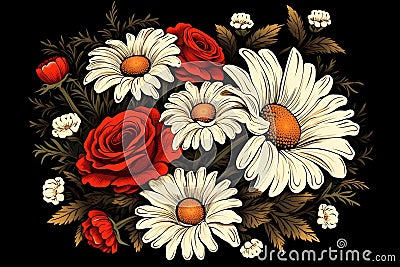 a bobuquet of daisies and roses on a black background generated by AI, generative assistant, Stock Photo