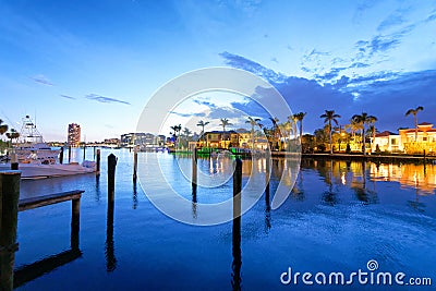 Boca Raton homes reflections at night, Florida Stock Photo