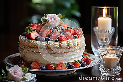 Bocket cake, flowers and fresh strawberries on charming scene., generative IA Stock Photo