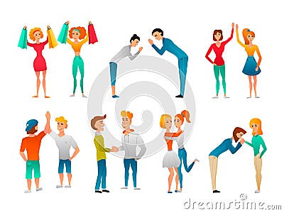 Greeting Gestures Flat Characters Set Vector Illustration
