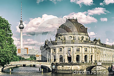 Bode Museum Island, Bodemuseum, Museumsinsel and TV Tower on Alexanderplatz, Berlin, Germany Stock Photo