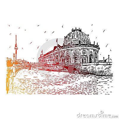 Bode museum on Spree river and Alexanderplatz TV tower in center of Berlin, Germany. Vector Illustration