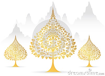 Bodhi tree and leaf gold color of thai tradition Vector Illustration