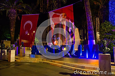 BODRUM, TURKEY: Huge blue letters of Bodrum, the sign and the name of the city of Bodrum at night. Editorial Stock Photo