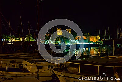 BODRUM, TURKEY: Landscape with a view of the ancient Fortress in Bodrum at night. Stock Photo