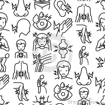 Body aches seamless pattern with thin line icons: migraine, toothache, pain in eyes, ear, nose, when urinating, chest pain, Vector Illustration