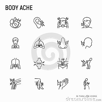 Body aches thin line icons set: migraine, toothache, pain in eye Vector Illustration