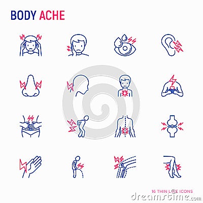 Body aches thin line icons set: migraine, toothache, pain in eye Vector Illustration