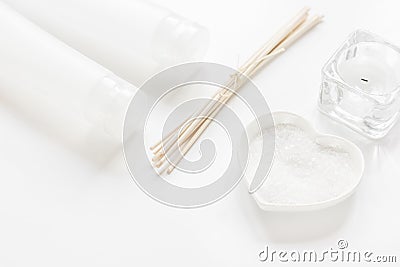 Body care concept with white set of cosmetics woman desk top view Stock Photo