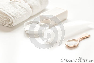 Body care concept with white set of cosmetics woman desk top view Stock Photo