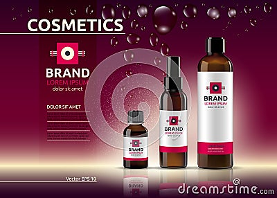Body care cosmetic set serum and cream ads template. Hydrating facial or body lotions. Mockup 3D Realistic illustration. Sparkling Cartoon Illustration
