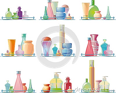 Body care products on a glass shelf Vector Illustration