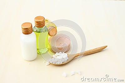 Body care products,sea salt,soap,shampoo,lotion Stock Photo