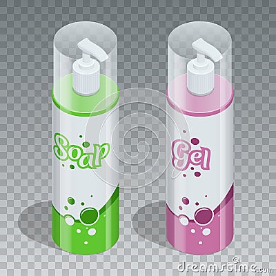 Body care professional series cosmetic brand concept. Tube gel, soap bottle, shampoo packaging. Body care vector Vector Illustration