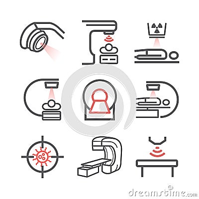 Body CT, CAT Scan. Line icons set. Radiotherapy signs. Vector symbols for web graphic. Vector Illustration