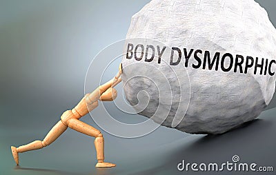 Body dysmorphic and painful human condition, pictured as a wooden human figure pushing heavy weight to show how hard it can be to Cartoon Illustration