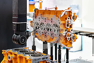 Body head cylinder of vehicle automobile engine or manufacturing precision parts during dimension inspection by high accuracy and Stock Photo