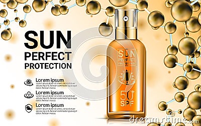 Body Lotion Cream Tubes Oil Spray Bottle. Sunblock SPF Sun UV Protection Solution Suncare. Repair Formula. Gold Vector Illustration