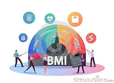 Body Mass Index Concept. Tiny Characters at Huge Scale with Obesity Degrees from Normal, Overweight Vector Illustration