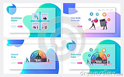 Body Mass Index, Eisenhower Matrix Landing Page Template Set. Tiny Characters at Huge Scale with Obesity Degrees Vector Illustration