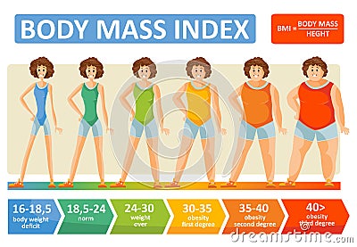 Body mass index woman age vector flat infographics template for fitness and obesity diet concept Vector Illustration
