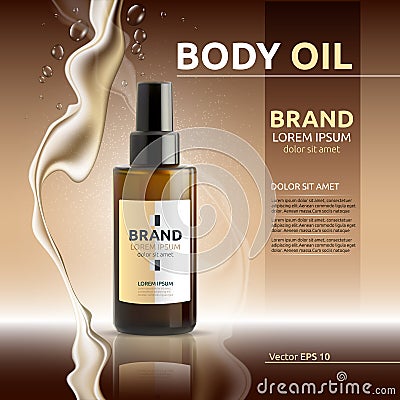 Body oil cosmetic ads template. Hydrating body lotions. Mockup 3D Realistic illustration. Liquid drops over brown background Cartoon Illustration