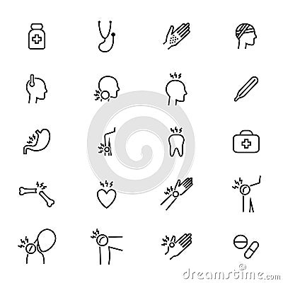 Body Pain and Injury Black Thin Line Icon Set. Vector Vector Illustration