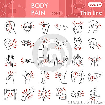 Body pain thin line icon set, Pain in human body symbols collection or sketches. Male body parts linear style signs for Vector Illustration