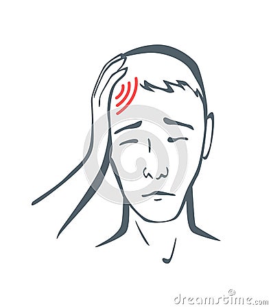 Body part pain. Man feels pain in head marked with red lines. Headache. Vector foci of pain or trauma symbols, grey art Vector Illustration