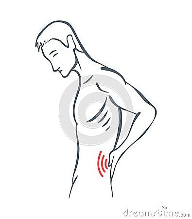 Body part pain. Man feels pain in back of body marked with red lines. Vector foci of pain or trauma symbols, grey art Vector Illustration