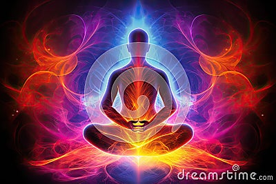 The body of a person meditating in flames, in front of dark background, bold lines, vibrant color, radiant neon patterns - AI Stock Photo