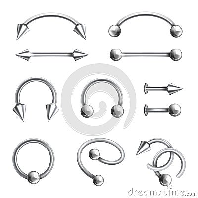 Body piercing jewelery set, different metallic accessories Vector Illustration