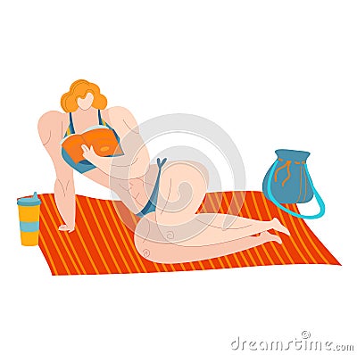 Body positive beach woman in swimsuits, sea summer plus size fat caucasian lady eats fruits isolated on white flat Vector Illustration