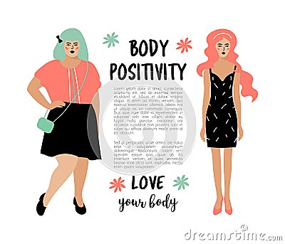 Body Positive card. Model plus size woman and skinny girl, place for text. Bodypositive poster. Vector flat design Vector Illustration