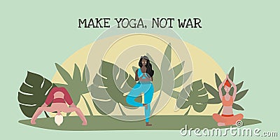 Body positive concept. Multinational friendship. Girls doing yoga together Vector Illustration
