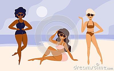 Body positive concept with three beautiful multicultural woman on beach Vector Illustration