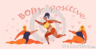 Body positive concept vector. Happy plus size girl wearing swimsuit and smiling. Active healthy lifestyle and love your body Cartoon Illustration