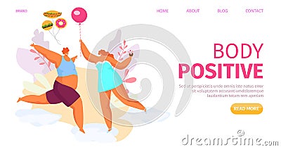 Body positive fat man woman banner, vector illustration. Cartoon overweight couple character happy lifestyle. Attractive Vector Illustration