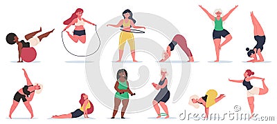 Body positive fitness. Plus size girls do yoga, work out training and stretching. Active plus size women healthy Vector Illustration