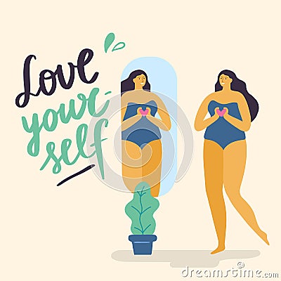 Body positive girl with healthy lifestyle looks in the mirror. Vector Illustration