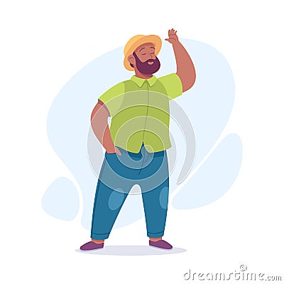Body Positive Happy Bearded Man Character with Cheerful Smile Waving Hand Vector Illustration Vector Illustration