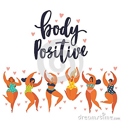 Body positive. Happy girls are dancing. Attractive overweight woman. Vector illustration Vector Illustration