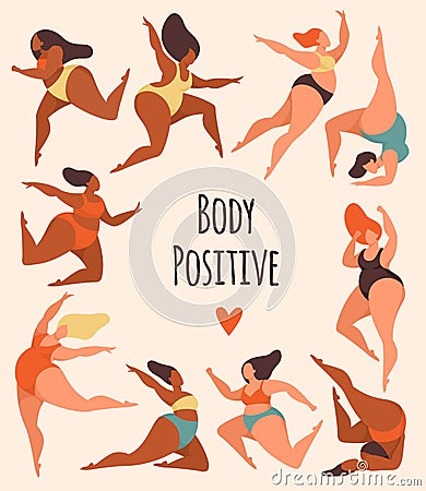 Body positive. Happy overweight women in swimsuits activity poses, charming plus size woman in bikini dancing, fat Vector Illustration