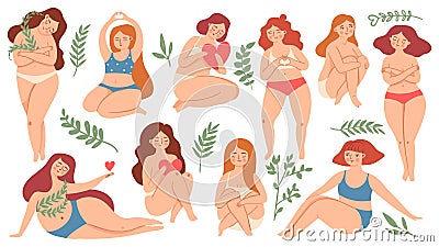 Body positive. Happy plus size beautiful women in swimsuit and underwear holding hearts and hugs knees. Female self care Vector Illustration
