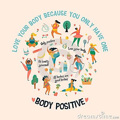 Body positive. Happy plus size girls and active healthy lifestyle. Vector Illustration