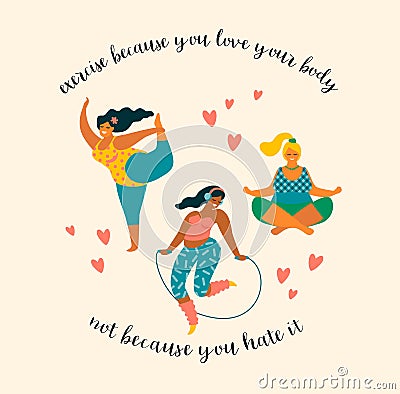 Body positive. Happy plus size girls and active lifestyle. Vector Illustration