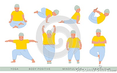 Body positive men. Yoga collection. Men exercise vector set. Yellow, colorful. A fat young men doing fitness and yoga Vector Illustration