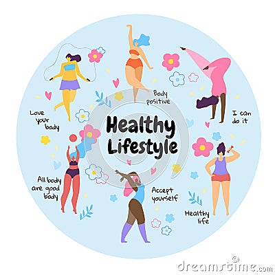 Body Positive Overweight Girls Healthy Lifestyle. Vector Illustration